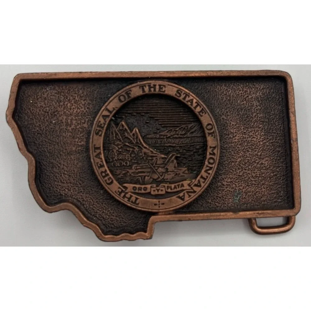 Vintage Montana State Seal Belt Buckle Copper Tone Great Seal Oro y‎ Plata USA